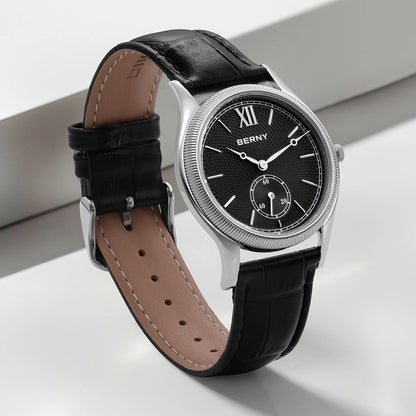 BERNY Men's Watches Slim Luxury Classic Stylish Dress Quartz Watch Fashion Elegance Leather Band Wristwatch