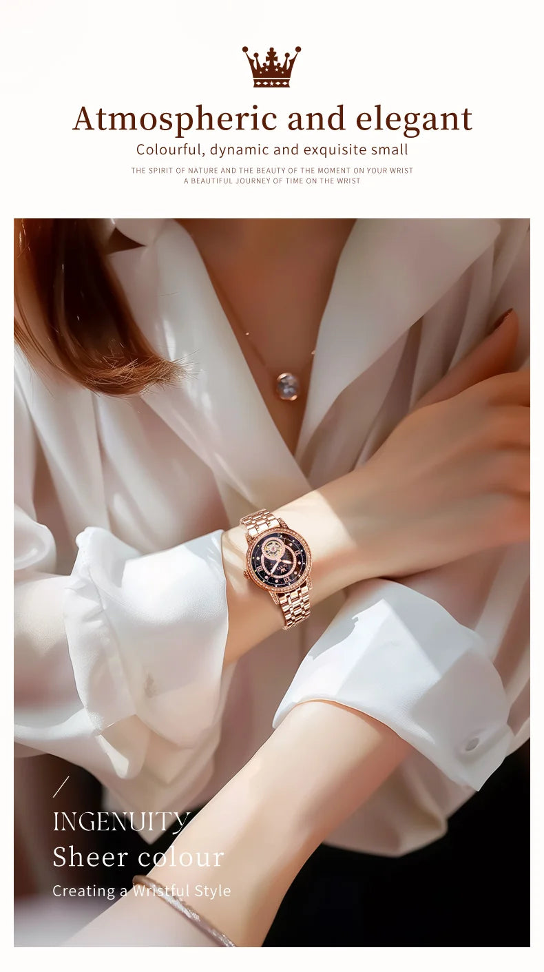 OLEVS Women's Watches Starry Sky Design Automatic Watch for Women Stainless Steel Flywheel Hollowed Ladies Mechanical Watch 7036