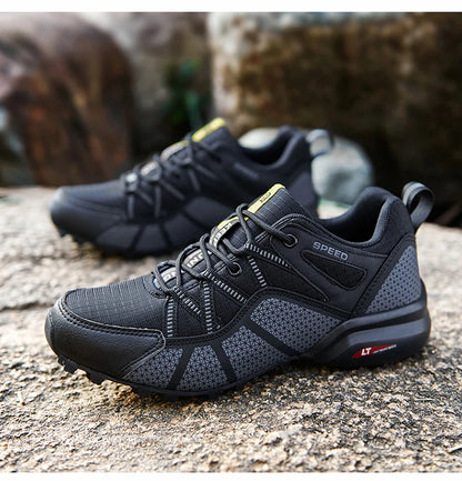 Męskie buty trekkingowe — terenowe buty sportowe outdoor, oddychająca siateczka, antypoślizgowe i odporne na zużycie, do wędrówek i jazdy na rowerze na zewnątrz