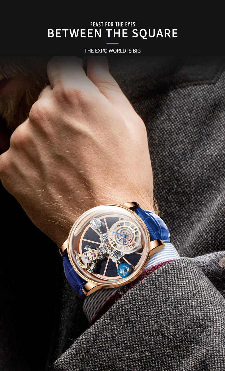 2024 HAEMMER Celestial Men's Watch Transparent Case Design Men's Leather Quartz Watch Time Adjustment Jacob Relogio Waterproof