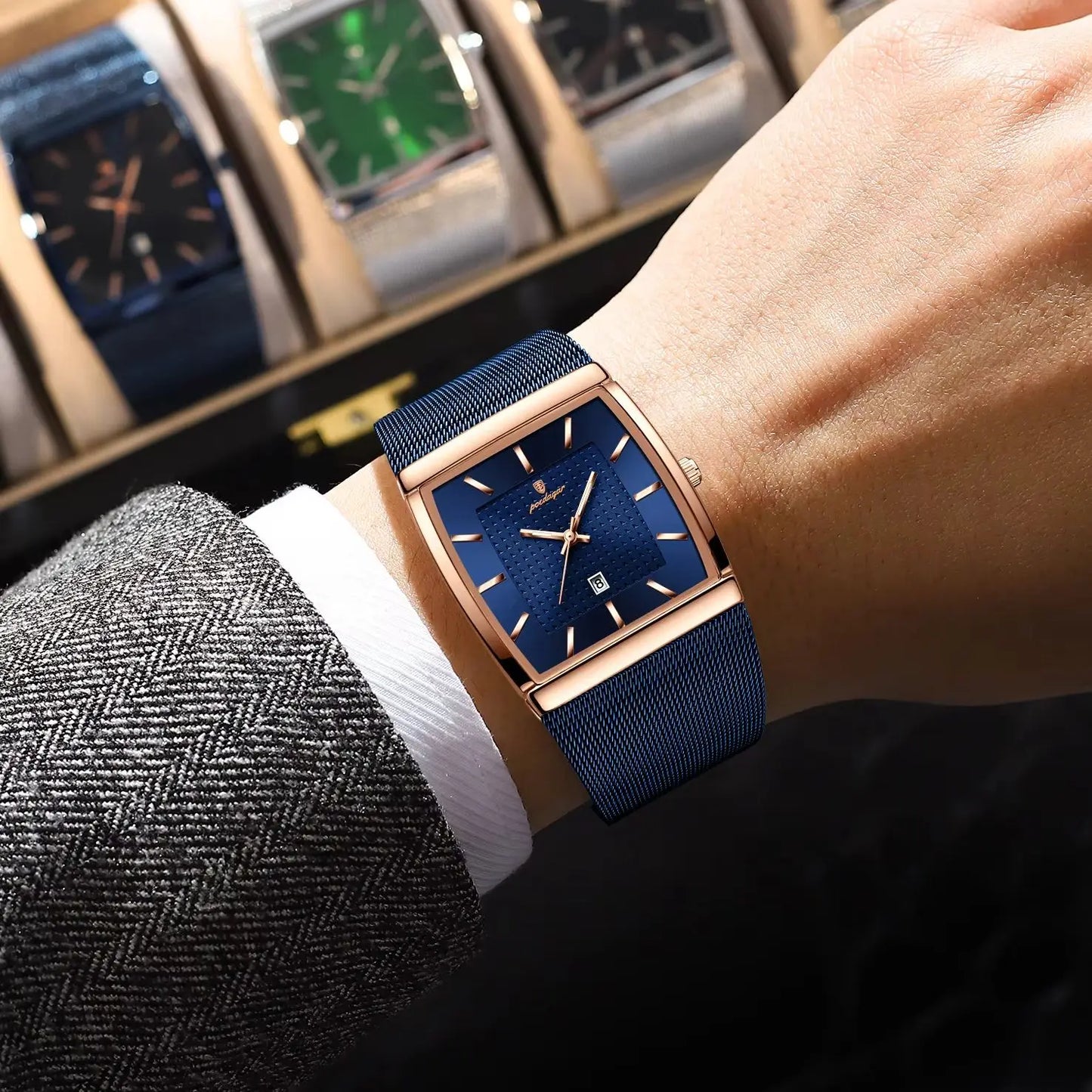 POEDAGAR Top Luxury Men Watch Stainless Steel Mesh Date Waterproof Luminous Man Wristwatch Casual Rectangle Quartz Men's Watches