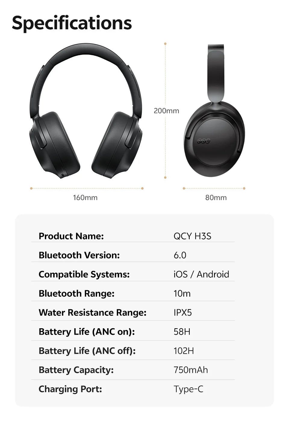 QCY H3S ANC Over-Ear Headphones Bluetooth 6.0 – Hi-Res LDAC Spatial Audio, -56dB Adaptive Noise Cancelling Wireless Headset