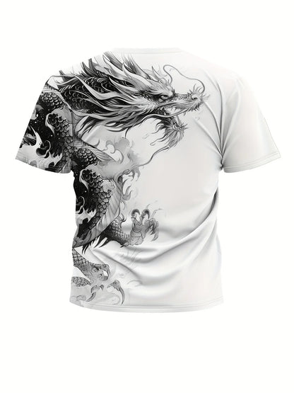 Miesten Dragon-kuvioitu T-paita, rento hengittävästä kankaasta valmistettu graafinen tee, street style -ulkomuotipaita, lyhythihainen paita miehille