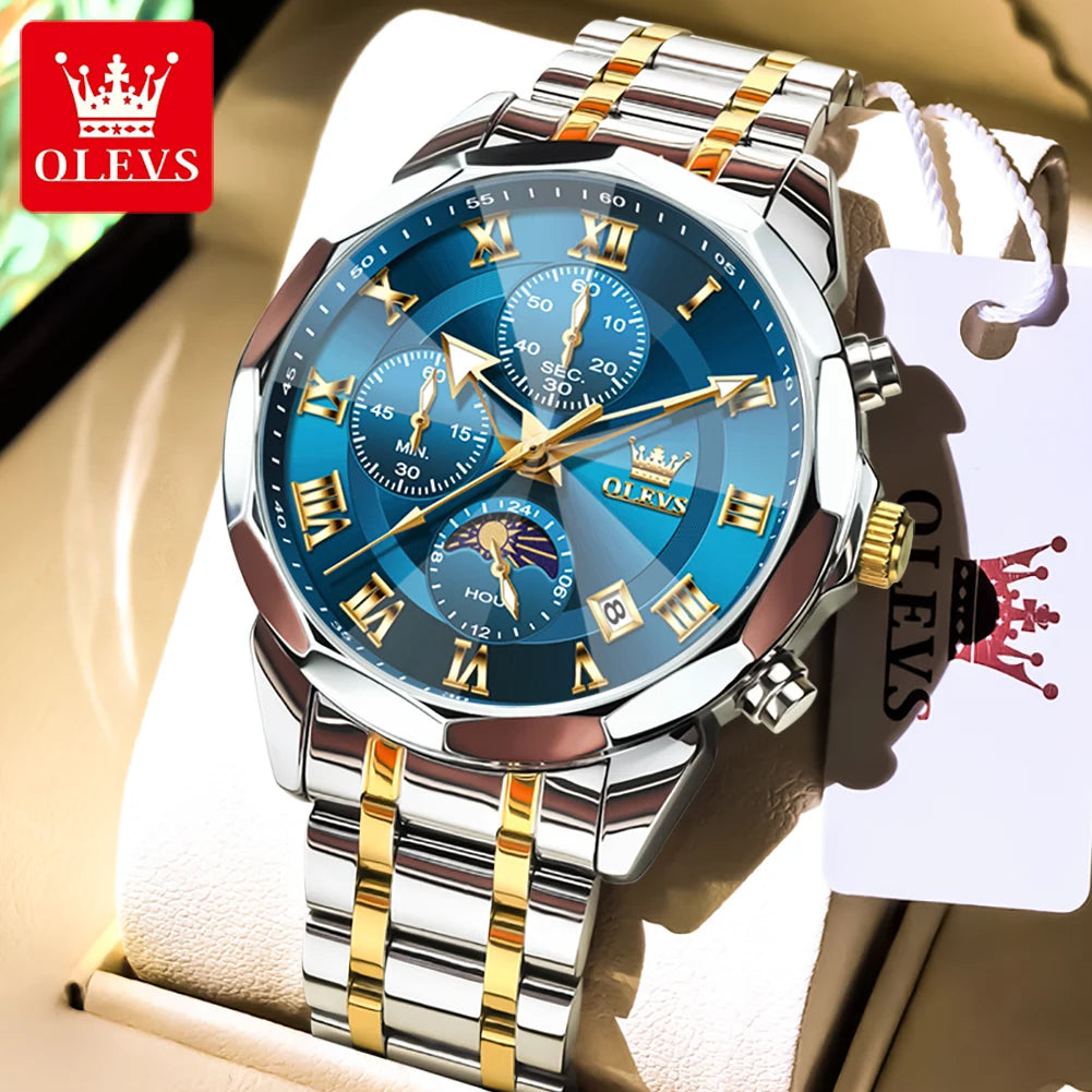 OLEVS 3675 Mens Watch Original Multifunctional Chronograph Quartz Watch Moon Phase Watches For Men Waterproof Mens Gifts Reloj