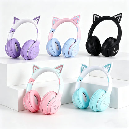 Casque Bluetooth 5.1 sans fil SOYTO avec oreilles de chat lumineuses dégradées, réduction de bruit, écouteurs supra-auriculaires mignons pour téléphone, PC et jeux
