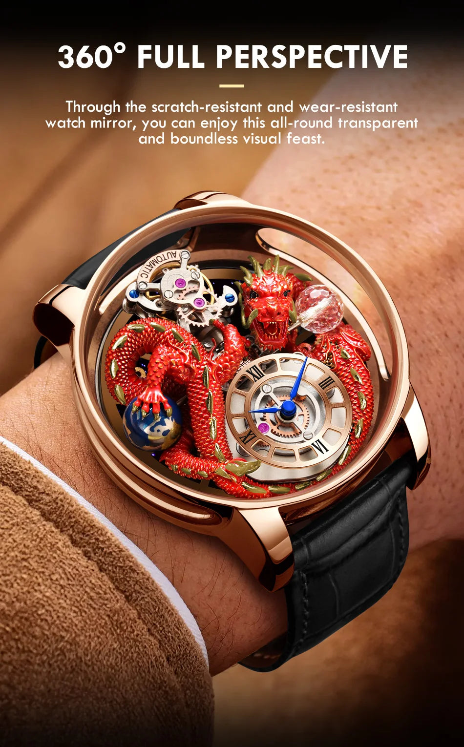 PINDU Design New 3D Dragon Earth Theme Quartz Watches Men Celestial Series Curved Mirror Transparent Design Watch Wristwatches