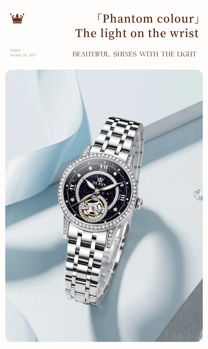 OLEVS Women's Watches Starry Sky Design Automatic Watch for Women Stainless Steel Flywheel Hollowed Ladies Mechanical Watch 7036