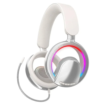 Casque de jeu à oreilles découvertes, écouteurs Bluetooth, effet lumineux RGB, autonomie de 20 heures, batterie de 400 mAh, recharge par USB-C, pliable, confortable.