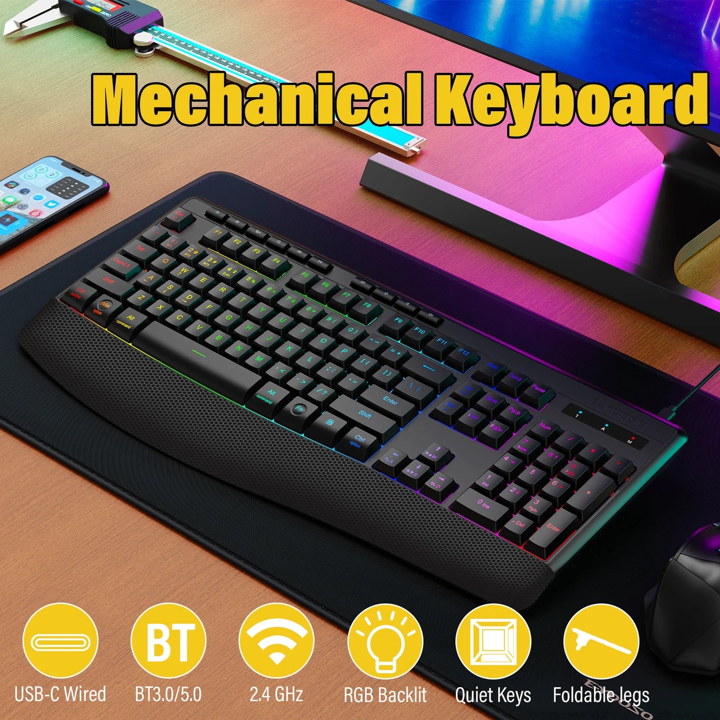 E-YOOSO Triple-Mode Mechanical Keyboard 2.4GHz/Bluetooth 5.0/USB-C RGB Backlit Quiet Keys Spill-Proof Long Standby for PC/Laptop