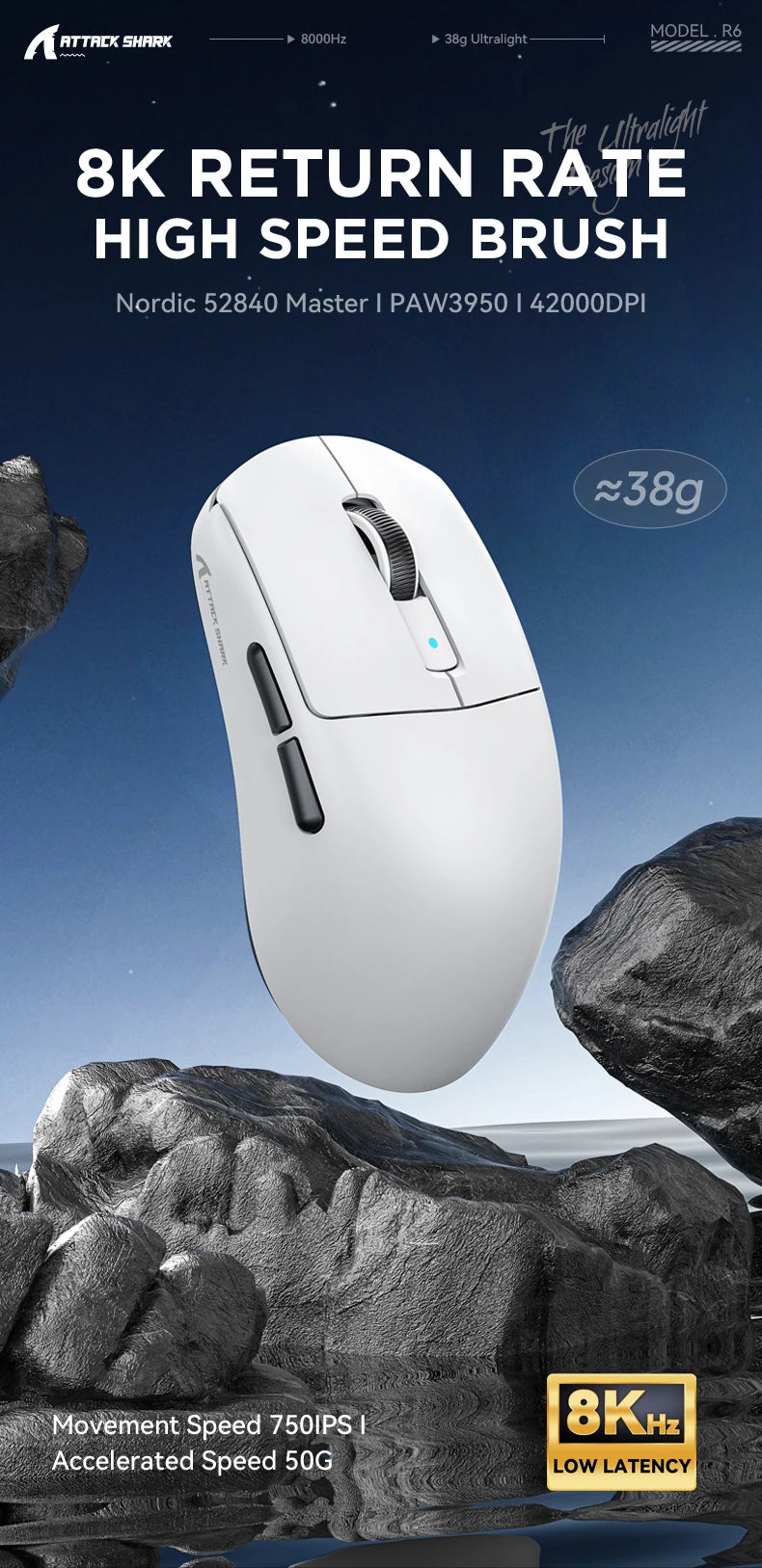 ATTACK SHARK R6 PAW3950MAX bežični gaming miš, 8Khz frekvencija ispitivanja, ultralagani 39g, Nordic 52840 MCU, Omron optički mikroprekidači