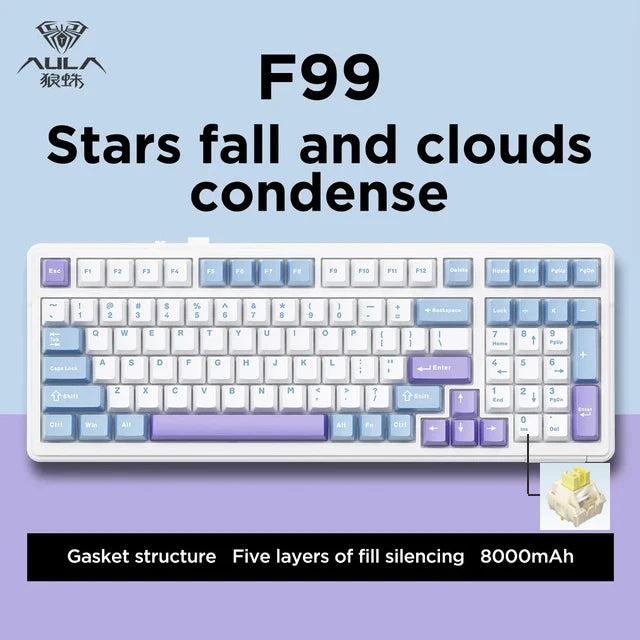 Teclado mecánico gaming Aula F99 de 99 teclas, tres modos: 2.4g inalámbrico, Bluetooth y cableado, hot swap, PBT, gasket y RGB para juegos y escritura