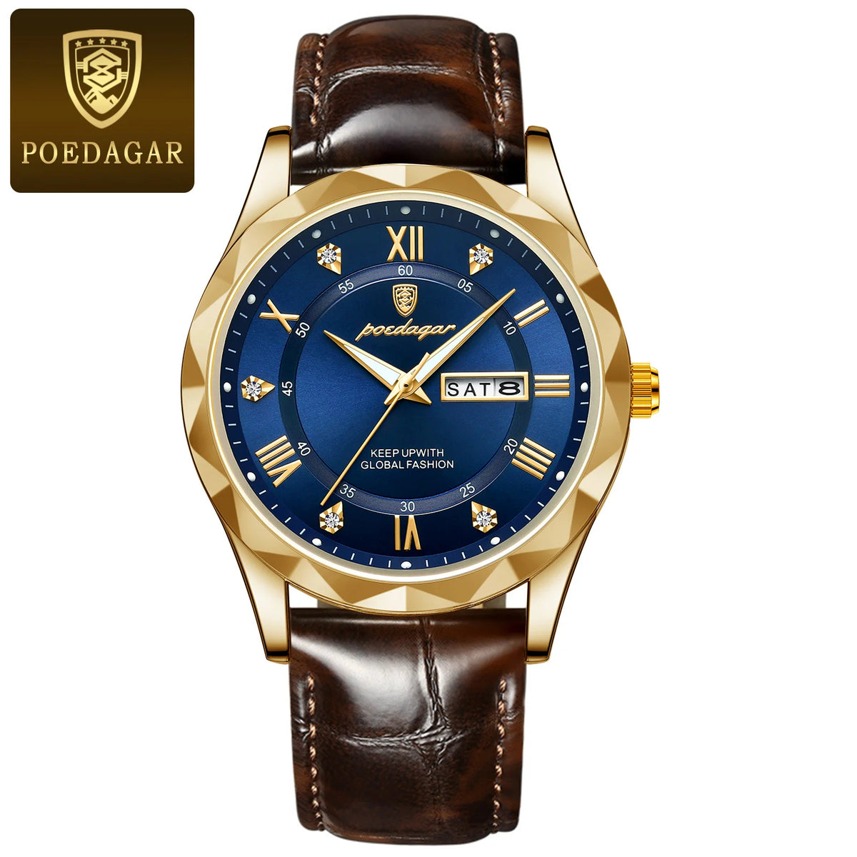 POEDAGAR men’s watch, original luxury model: water-resistant, luminescent, with date and day display. A classic, professional-style quartz watch, featuring a leather strap.