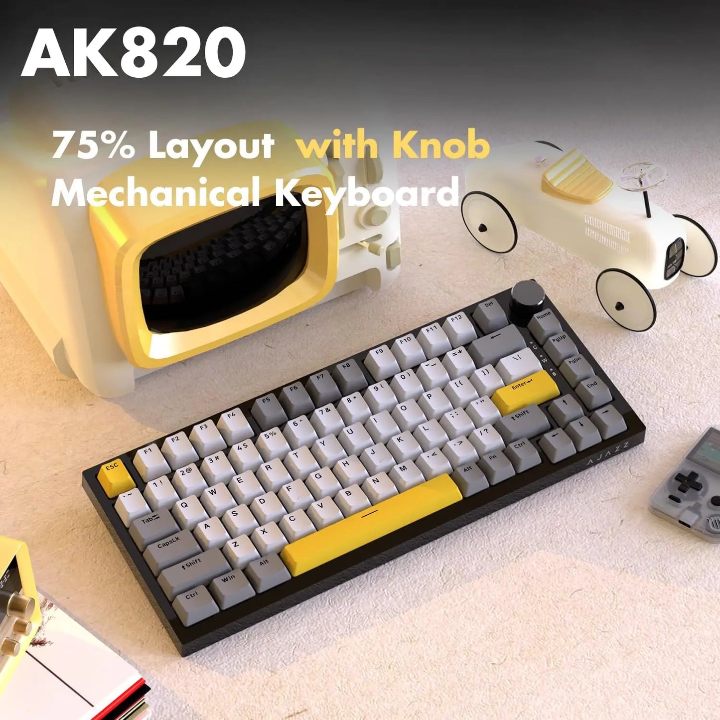 Teclado mecánico con cable AJAZZ AK820 75%: hot‑swappable, retroiluminación RGB/blanca/azul hielo, control con perilla de volumen | Para oficina y gaming