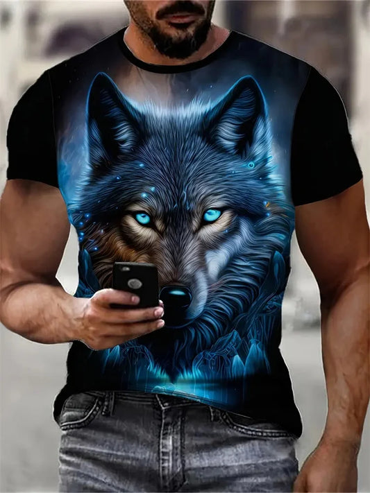 3D-Wolf-Print-T-Shirt für Herren, lässiges Kurzarmshirt mit Rundhalsausschnitt, atmungsaktives und komfortables Material, Streetwear- und Outdoor-Bekleidung für Herren
