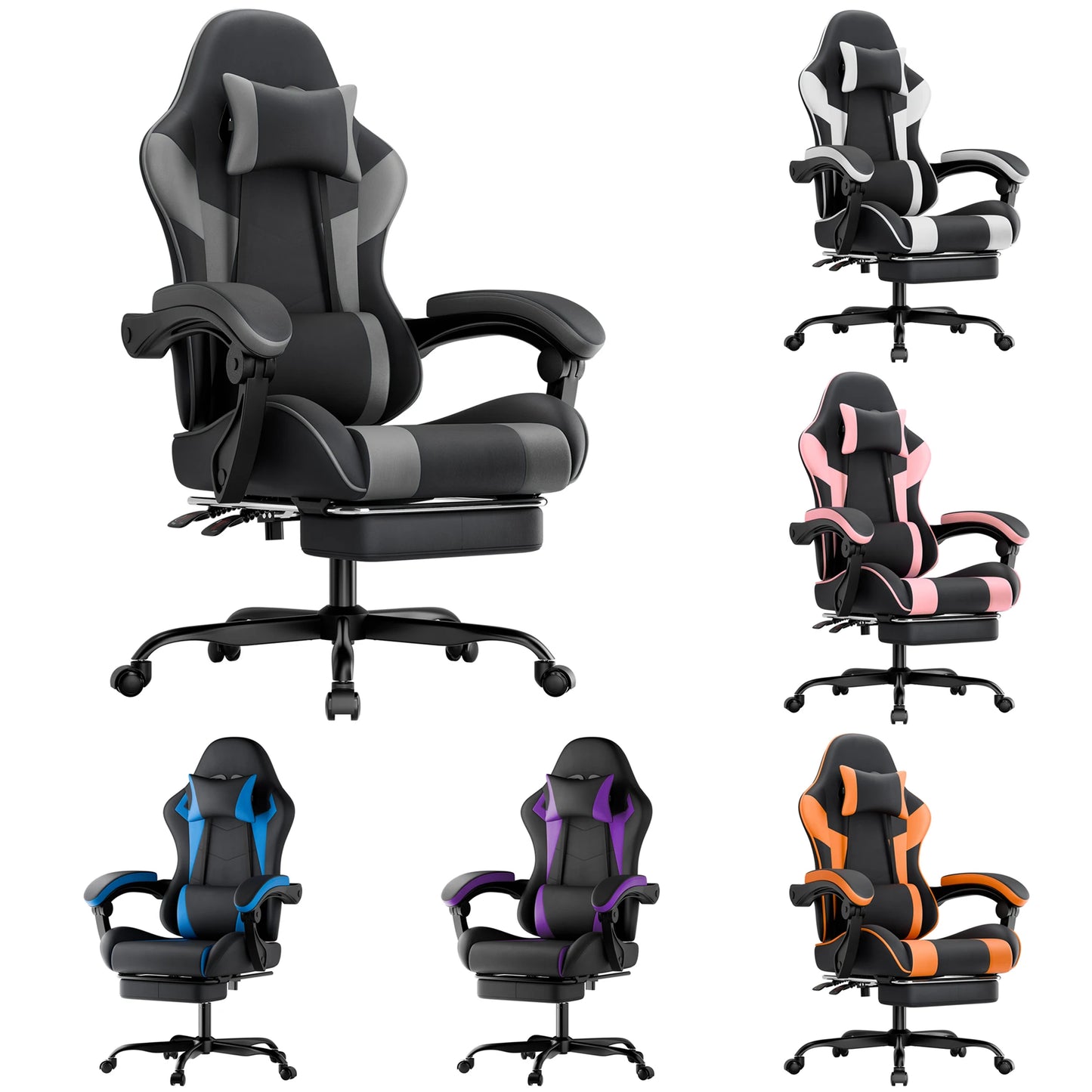 Comanlai Gaming Chair with Footrest Ergonomic High Back Computer Chair with Adjustable Headrest Lumbar Support PU Swivel Chair