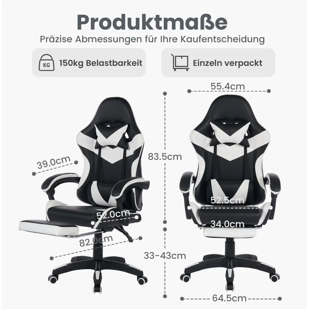 360 ° - Swivel Ergonomic Racing Design Gaming Chair Leather High Back Office Chair Height Adjustable Task Chair, Black&White