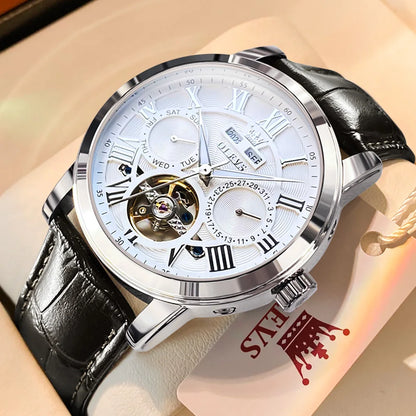 Montre homme OLEVS 6668, marque de renom, tendance et mécanique automatique, bracelet en cuir, étanche et lumineuse.