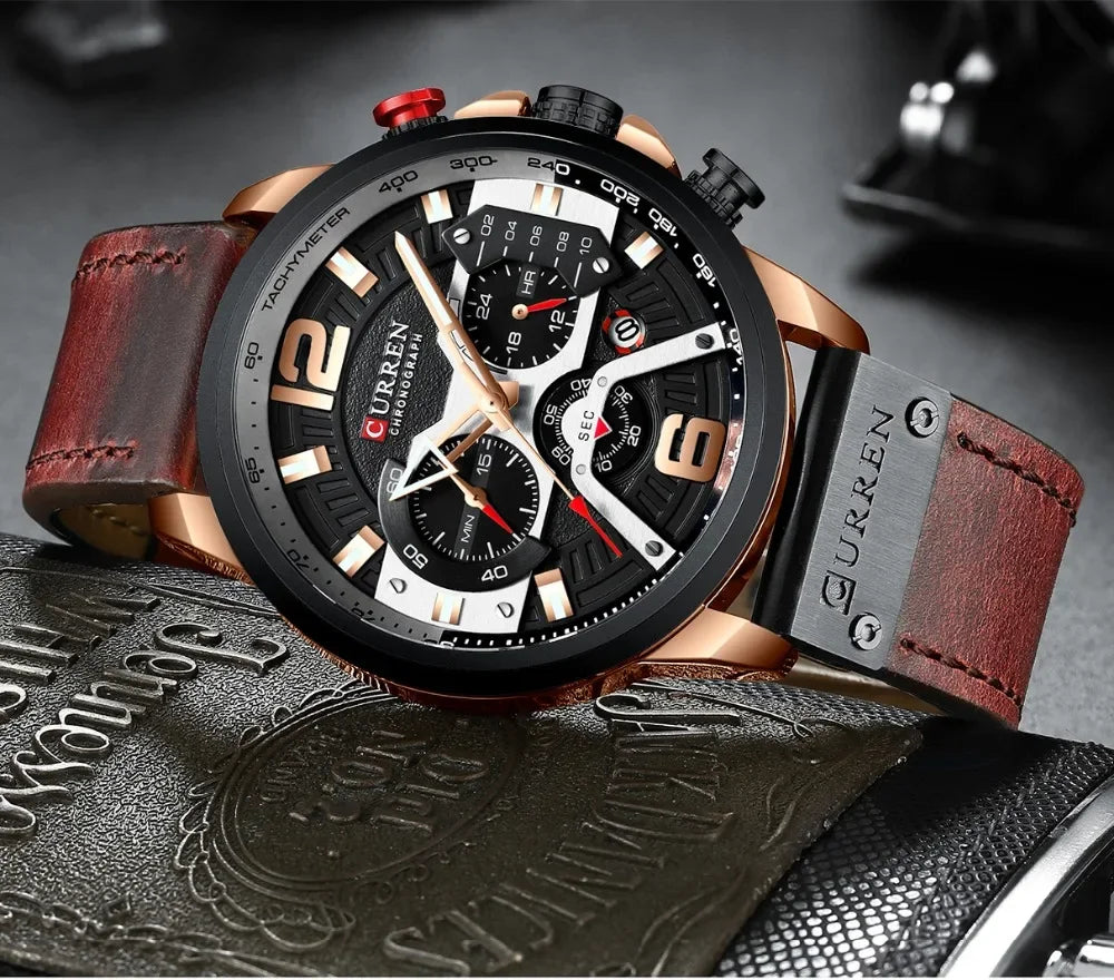 Montre pour homme CURREN 8329 – Style sport décontracté, design militaire, bracelet en cuir, chronographe tendance, montre de luxe de grande marque