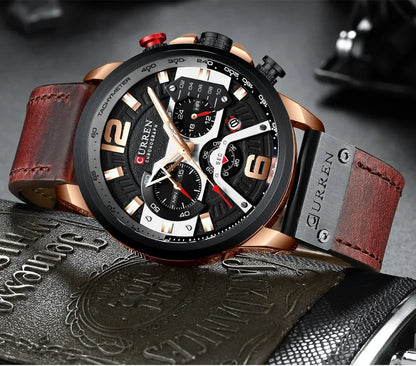 Montre pour homme CURREN 8329 – Style sport décontracté, design militaire, bracelet en cuir, chronographe tendance, montre de luxe de grande marque