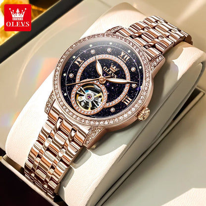 OLEVS Women's Watches Starry Sky Design Automatic Watch for Women Stainless Steel Flywheel Hollowed Ladies Mechanical Watch 7036