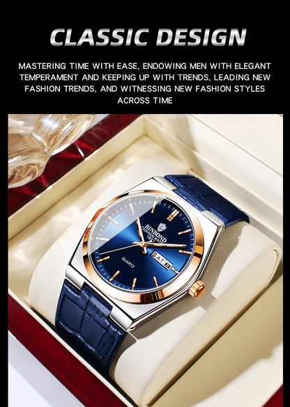 BINBOND Luxury leather strap quartz wristwatches precise luminous waterproof auto date week display durable men's watch reloj