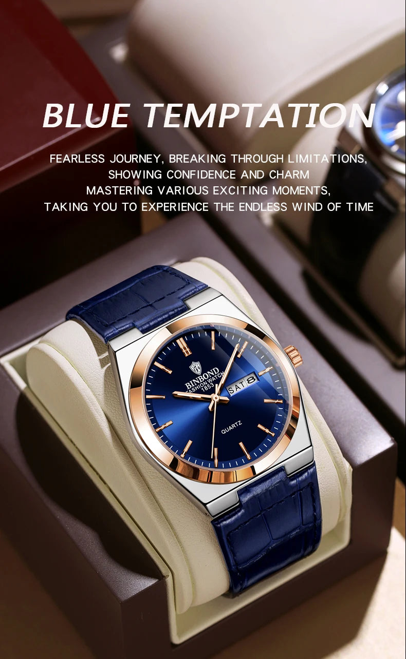 BINBOND Luxury leather strap quartz wristwatches precise luminous waterproof auto date week display durable men's watch reloj