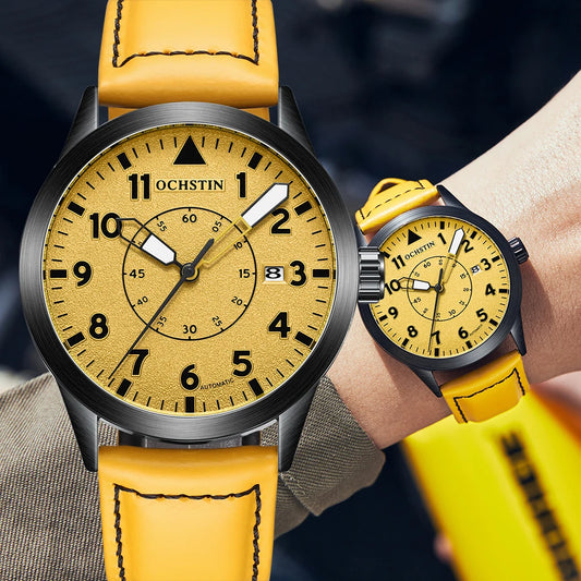 OCHSTIN Mens Fashion Luxury Mechanical Automatic Skeleton Watch Transparent Back Cover Creative Design With Yellow Calendar Dial