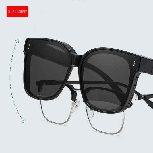 KLASSNUM Transfer Sunglasses Ladies Fit Over Sun Glasses Men Oversize Square Wrap Around Glasses for Prescription Myopia Goggles