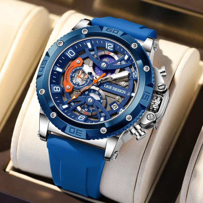 Montre pour homme LIGE Sports – Chronographe de luxe, bracelet en silicone, petits cadrans fonctionnels, mouvement à quartz, étanche et luminescente