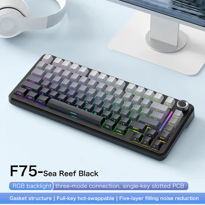 F75 Mechanical Keyboard FREEWOLF 81 Keys Layout Metal Knobs PBT Keycaps,Fully Hot-swappable Keys RGB Multi-color Backlighting