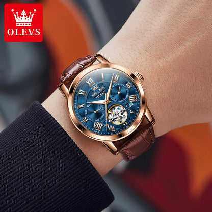 Montre homme OLEVS 6668, marque de renom, tendance et mécanique automatique, bracelet en cuir, étanche et lumineuse.