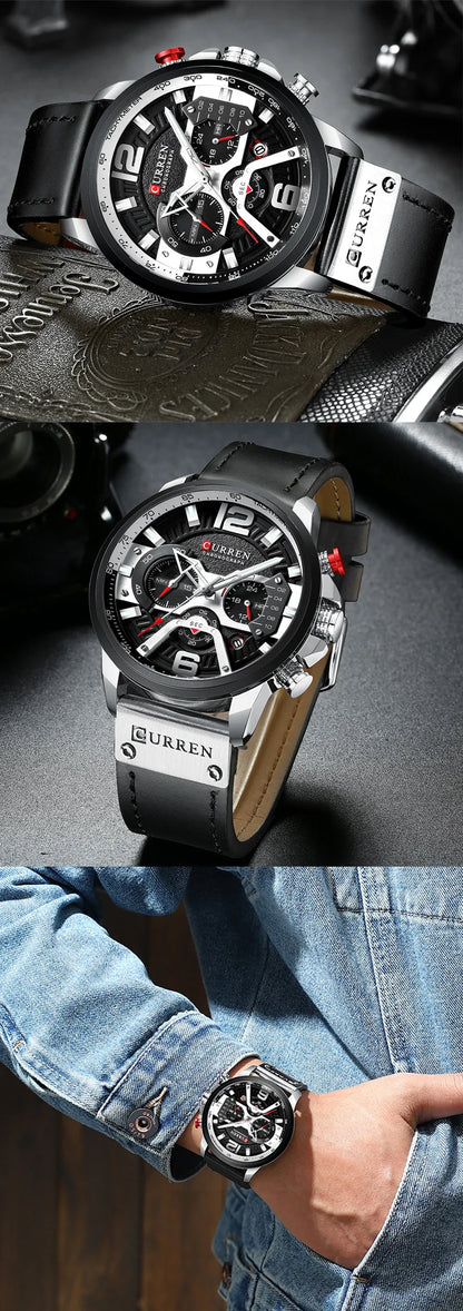 Montre pour homme CURREN 8329 – Style sport décontracté, design militaire, bracelet en cuir, chronographe tendance, montre de luxe de grande marque
