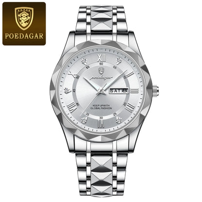 POEDAGAR Business Luxury men’s watch, water-resistant, stainless steel, luminous, with date and day of the week, sporty style, quartz.