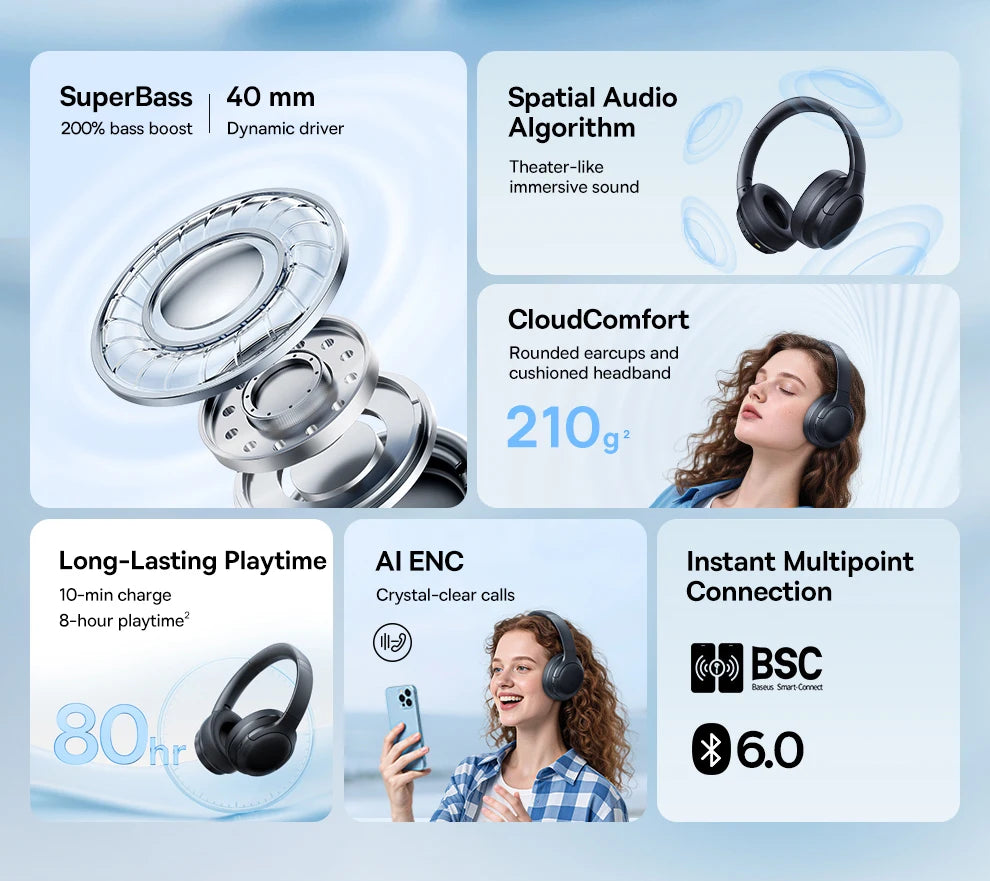 Baseus Wireless Bluetooth 5.3 Over-Ear Headphones – HiFi 40mm Driver, 70H Playtime Foldable Headset with Spatial Audio
