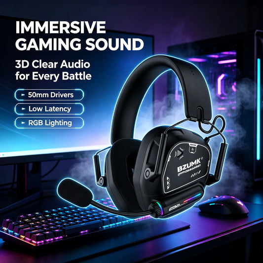Casque de jeu sans fil BZUMK, écouteurs circum-auraux Bluetooth à faible latence avec micro, basses profondes, 50 mm, RGB, pour PC, PS4, PS5, ordinateur portable, gamer