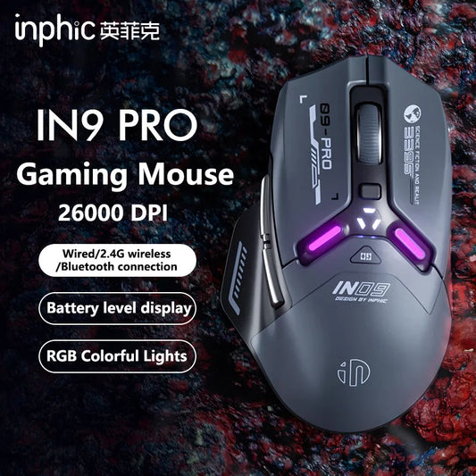 Inphic IN9PRO Wireless Gaming Mouse 26000DPI 8K Polling Rate Bluetooth 5.0 Wired 2.4G Tri-mode RGB Ergonomic Gaming Mouse