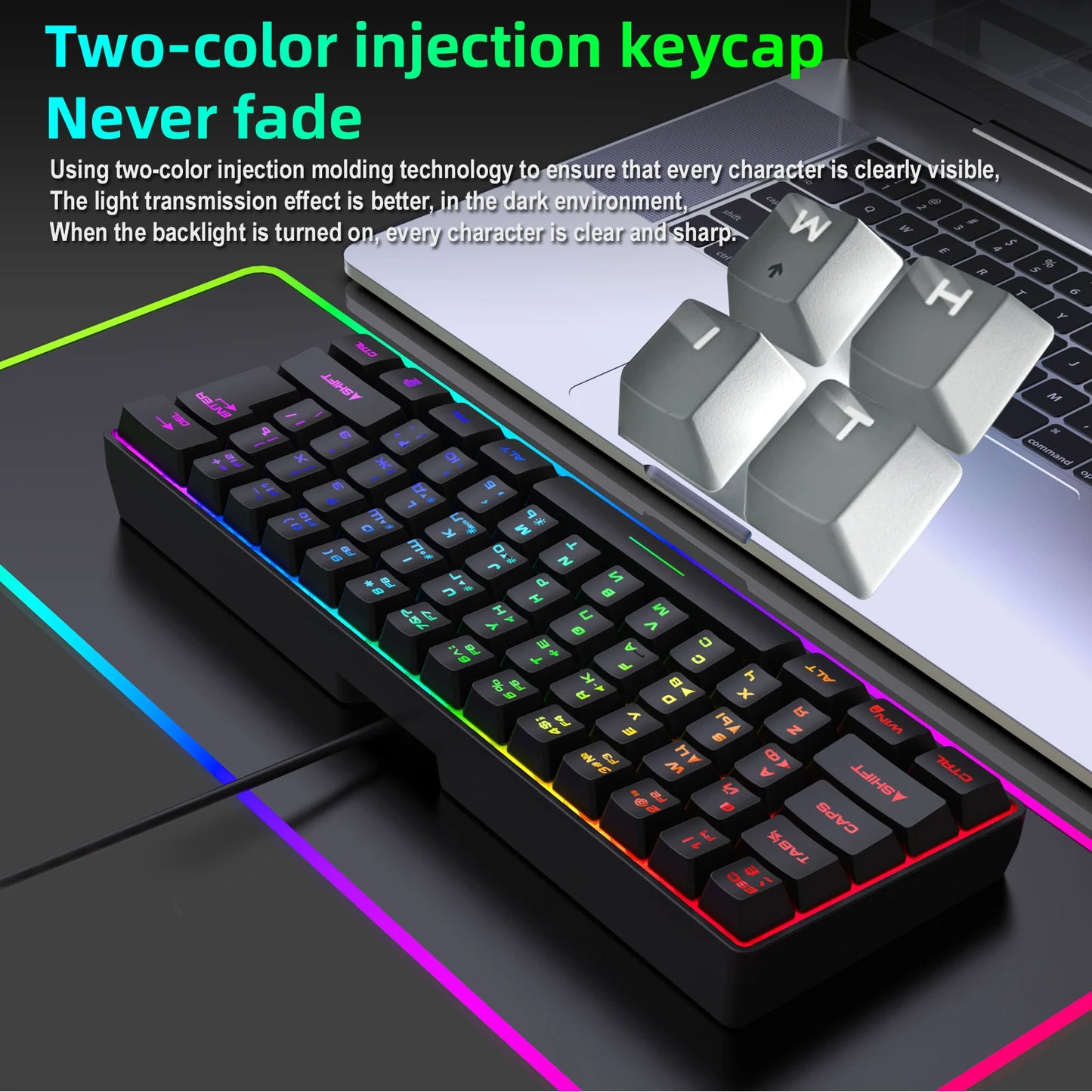 Tastiera da gaming, tastiera ultra-compatta a 61 tasti con retroilluminazione RGB russo/inglese, tastiera da ufficio impermeabile con sensazione meccanica per il gaming