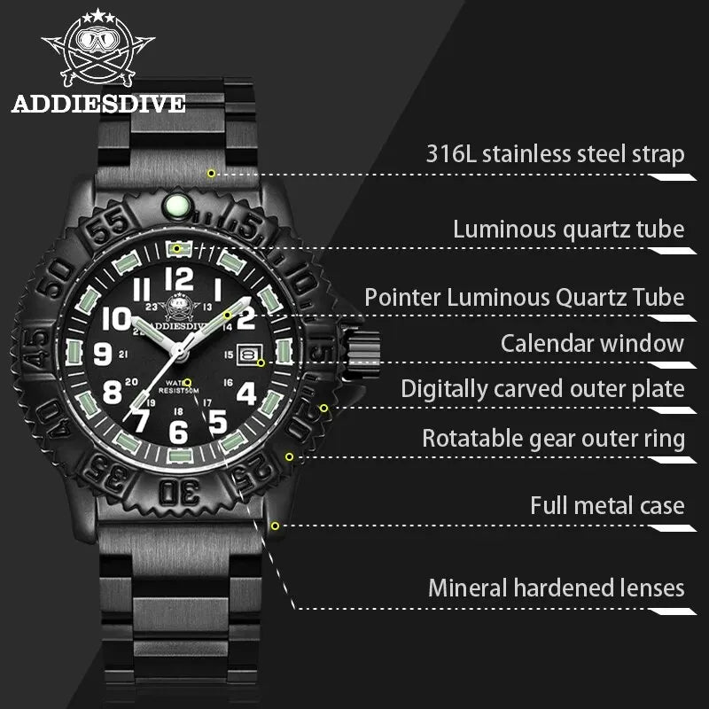 ADDIESDIVE Men’s Luxury Military Sport Quartz Watch  Luminous Dial, Rotating Bezel, Nylon Strap & 50M Water Resistant