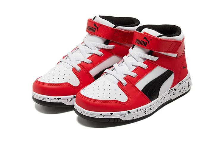Puma Rebound LayUp Little Kid Speckled - Baskets rouges High Risk, blanc et noir 386925-01