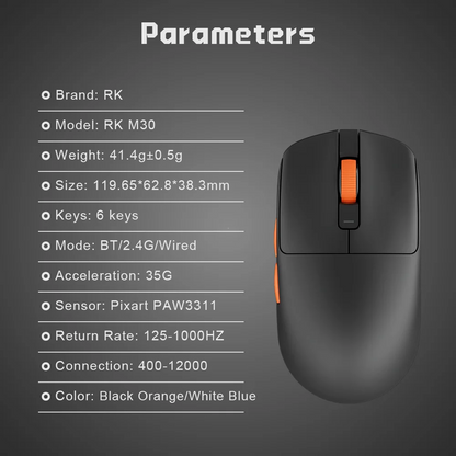 RK ROYAL KLUDGE M30 Bluetooth Wireless Mouse PAW3311 41G Lightweight 12000dpi Tri-mode Gamer Computer Mouse  Ergonomic Software
