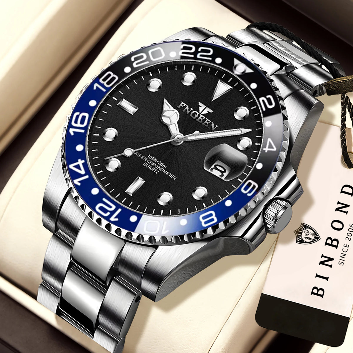 Montre-bracelet à quartz FNGEEN Son Brand de BINBOND avec bracelet en acier inoxydable pour homme, lumineuse et étanche, de luxe.