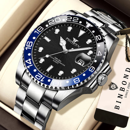 Montre-bracelet à quartz FNGEEN Son Brand de BINBOND avec bracelet en acier inoxydable pour homme, lumineuse et étanche, de luxe.