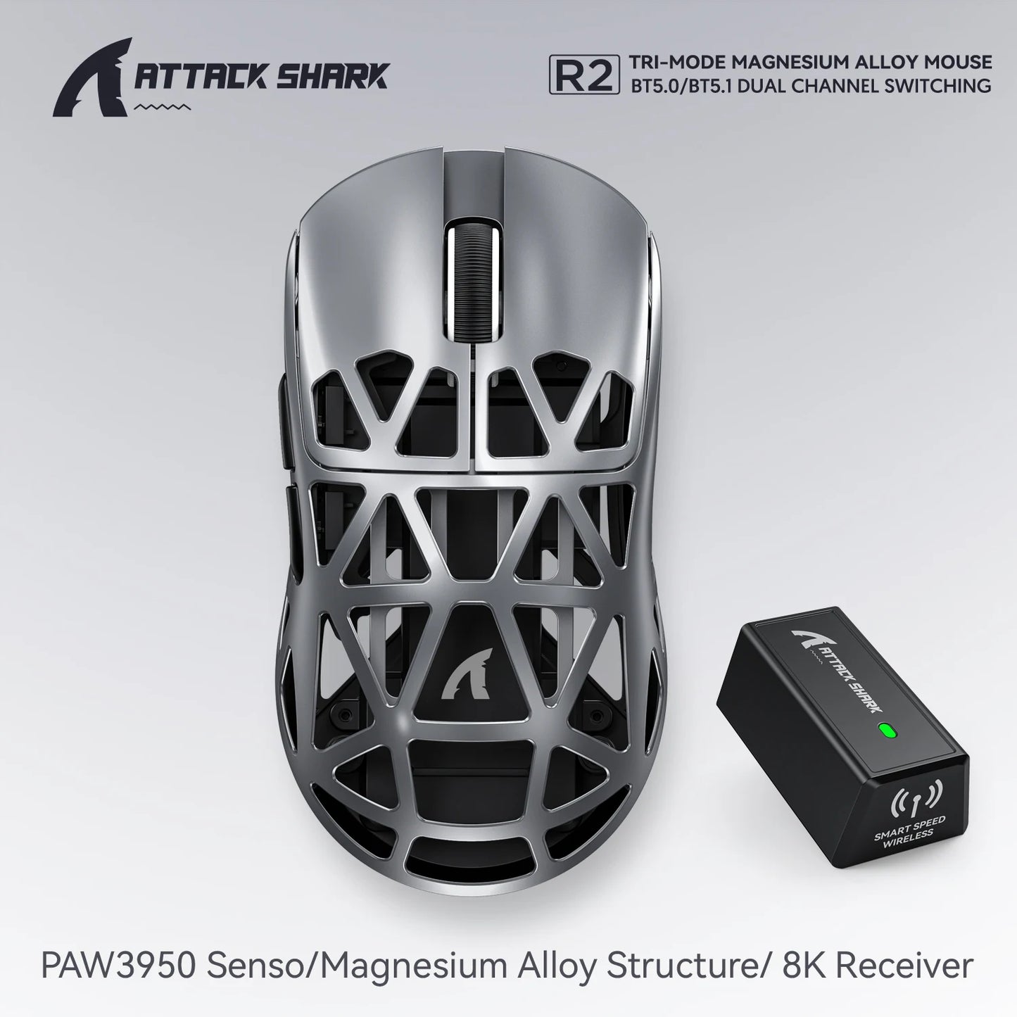 Attack Shark R2 Gaming Wireless Mouse PAW3950 8K Magnesium Alloy Lightweight Gaming Mouse Bluetooth Tri-Mode for Gaming/Office