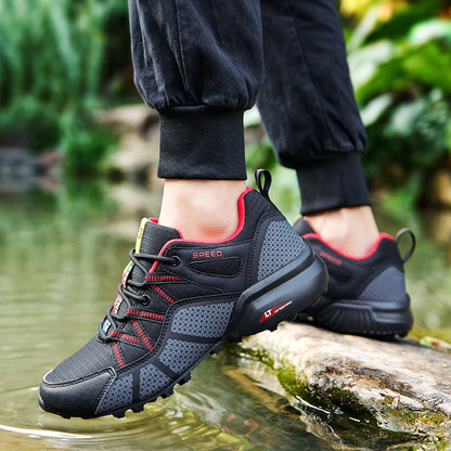 Męskie buty trekkingowe — terenowe buty sportowe outdoor, oddychająca siateczka, antypoślizgowe i odporne na zużycie, do wędrówek i jazdy na rowerze na zewnątrz