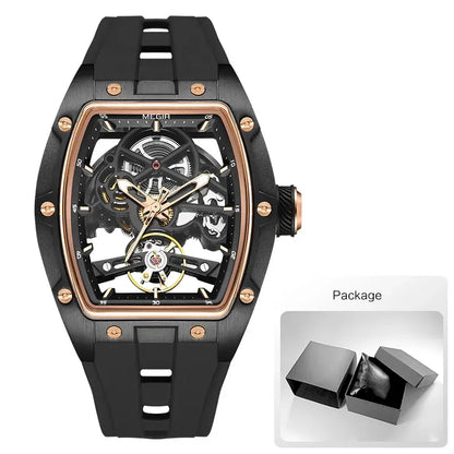 Orologio da polso automatico MEGIR da uomo, fashion, cinturino in silicone nero, impermeabile, luminoso, sportivo, meccanico, con quadrante tonneau 2242