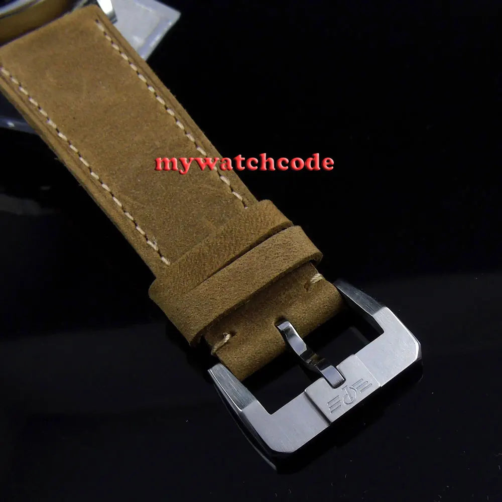 Vintage PARNIS Mechanical Hand Winding Watch Men Gold 44mm Steel Wristwatch Sport 17 Jewels 6497 Movtt Khaki Band Glass Back