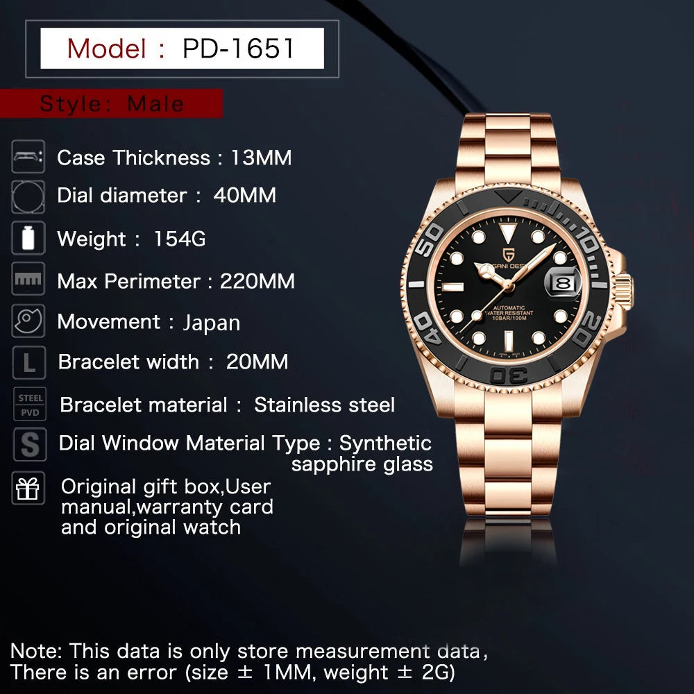 PAGANI DESIGN Luxury Mechanical Automatic Men's Watch Rose Gold Ceramic Rotating Frame Top Business watches for man reloj hombre