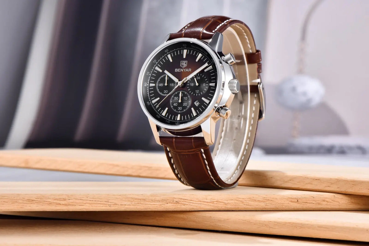 Montre de luxe pour homme Benyar – Chronographe avec date, bracelet en cuir, étanche, luminescente, style sportif et militaire, montre à quartz