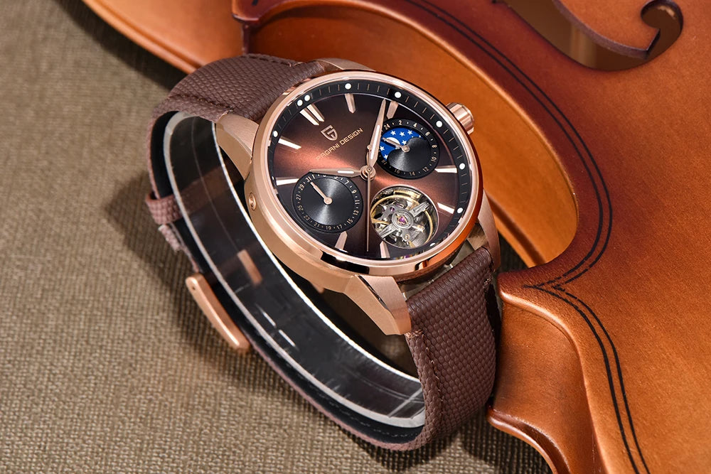 PAGANI DESIGN Newest 41MM Luxury Men's Mechanical Watch Sapphire Glass Leather Waterproof Pilot Tourbillon Moon Reroj Hombre