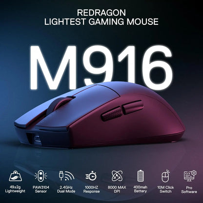 Bezdrátová herní myš Redragon M916, 49G ultralehká bezdrátová herní myš 8K DPI 2.4G s ergonomickým přirozeným úchopem